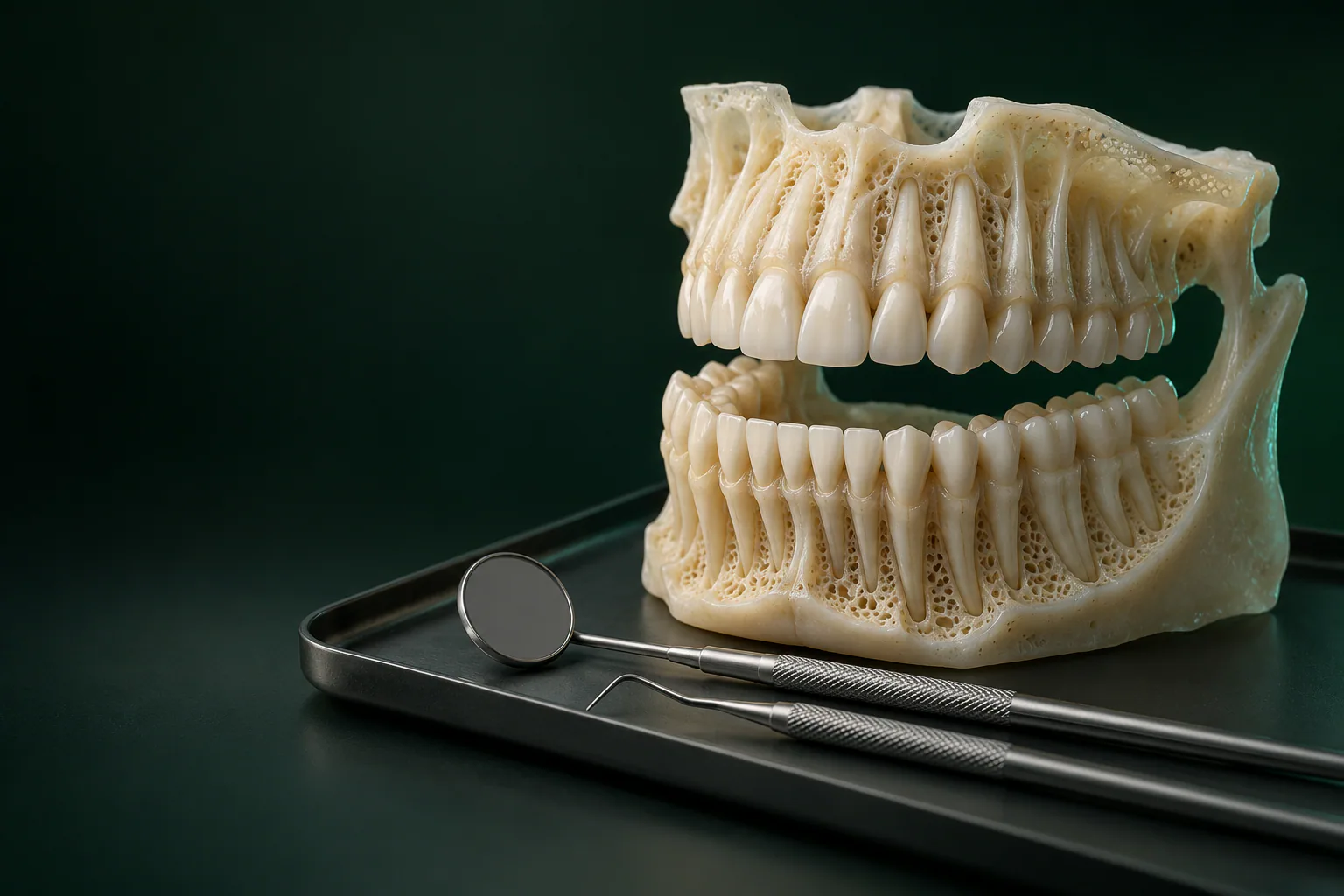 Анатомическая 3D-модель верхней и нижней челюсти с корнями зубов и костью, рядом стоматологическое зеркало и зонд на металлическом лотке